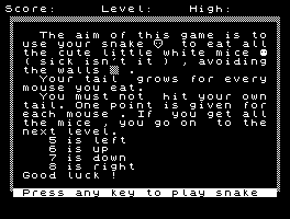 Snake instructions screen on Jupiter Ace