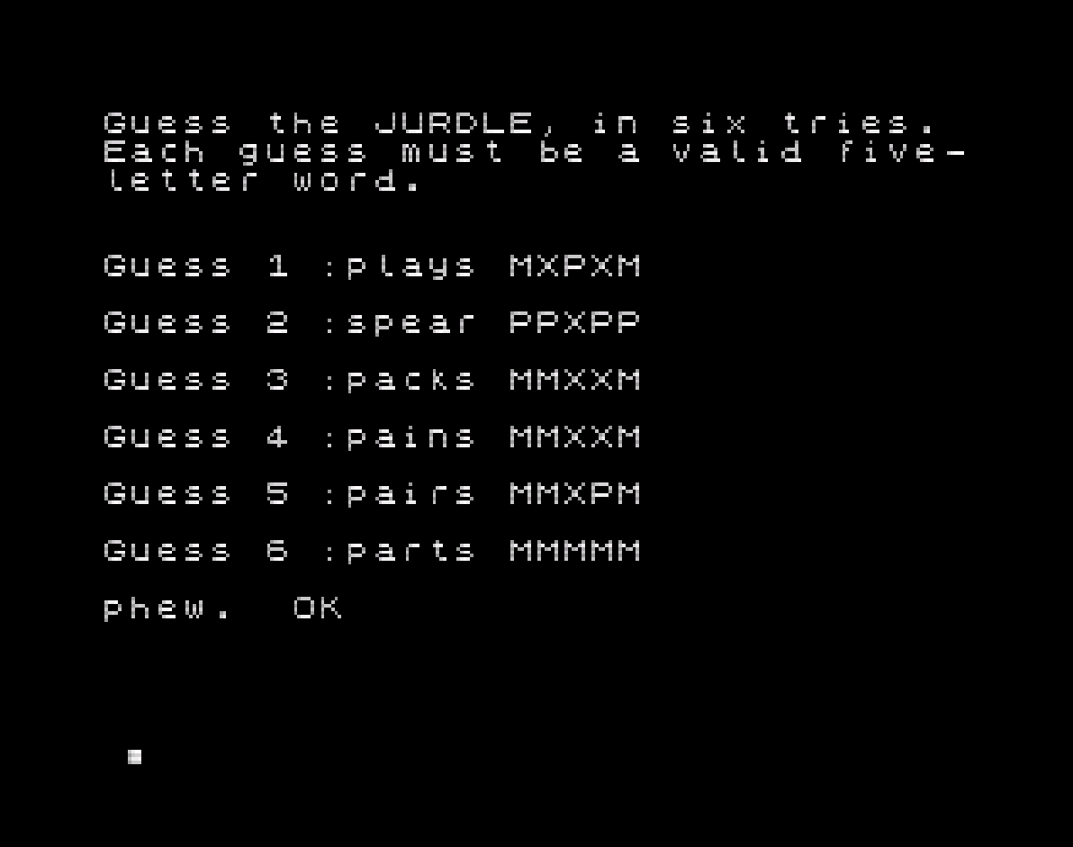 Jurdle screenshot showing a completed six-guess word game on Jupiter Ace