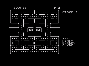 Jupiter Ace PAC-MAN gameplay screenshot showing the maze and ghost names
